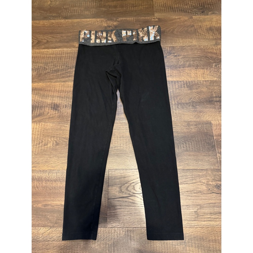PINK Victoria's Secret Yoga Leggings‎ Black Sequin Waistband Womens Size L